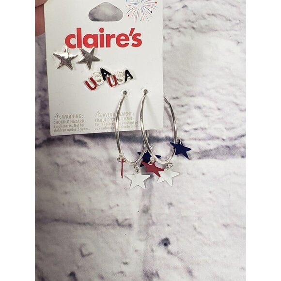 NEW Claire's 3 Pair Patriotic 4th July Pierced Earrings Stars USA - Picture 2 of 2